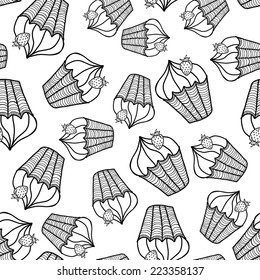 Vector illustration. Doodle.  Black and white seamless pattern of Cake