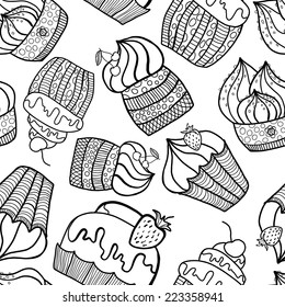 Vector illustration. Doodle.  Black and white seamless pattern of Cake