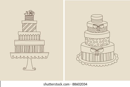 Vector illustration of doodle cake and gift boxes