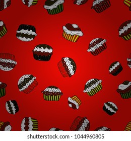 Vector illustration. Doodle cakes with cream. Cute birthday pattern on red, white and black. Hand drawn cupcakes. Vector cupcake illustration.