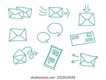 vector illustration doodle cartoon outline set of mail envelopes icons and written electronic communication symbols