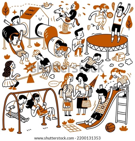 Vector illustration doodle of children enjoy playing on playground. Cute design, outline, linear, thin line art, hand drawn sketch. 