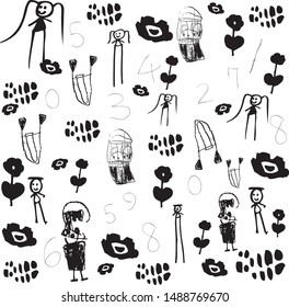 Vector illustration of doodle children hand drawing,
Digital hand drawing,
Children characters hand drawing, flower hand drawing
