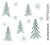 vector Illustration doodle Christmas green trees and blue snowflakes on white background. New Year