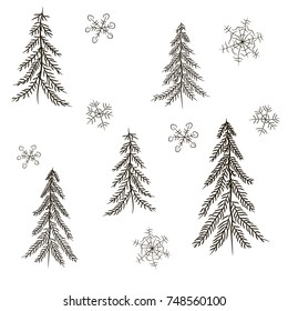 vector Illustration doodle Christmas trees and snowflakes card on white background