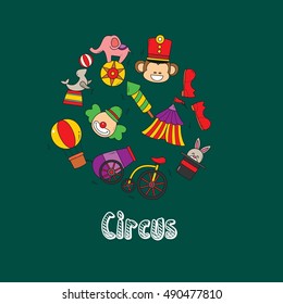 Vector illustration of doodle circus animals and objects. 