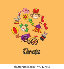 Vector illustration of doodle circus animals and objects. 