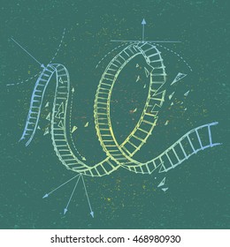 Vector illustration of doodle colorful roller coaster. Isolated hand drawn ink sketch in line art graphic style. Drawing engraved on vintage background. Design for advertisement, brochure.
