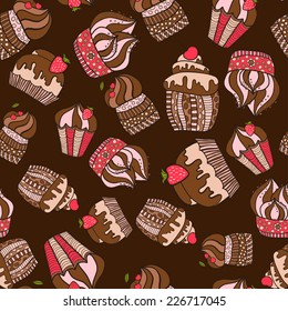 Vector illustration. Doodle. Colorful seamless pattern of chocolate cakes