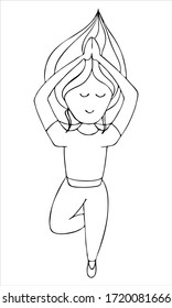 vector illustration, doodle coloring book, yoga poses, asanas, girl in tree pose
