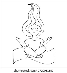 vector illustration, doodle coloring book, yoga poses, asanas, girl in lotus position
