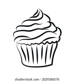 Vector illustration. Doodle cupcake with cream isolated on white background. Sweet dessert in vintage style. Great for print, coloring, logo for business or personal project