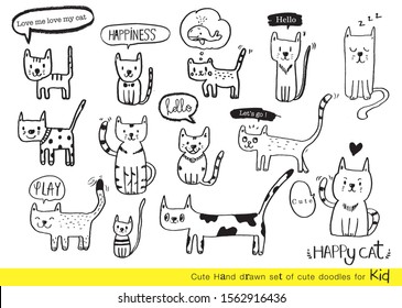 Vector illustration of Doodle cute cat,Hand drawn set of cute doodles for decoration,Hand drawn set of speech bubbles with dialog words, Doodle set of objects from a child's life,Vector bubbles speech