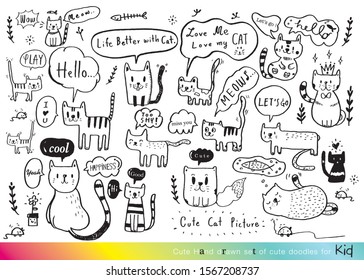 Vector illustration of Doodle cute cat,Hand drawn set of cute doodles for decoration,Hand drawn set of speech bubbles with dialog words, Doodle set of objects from a child's life,Vector bubbles speech