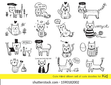 Vector illustration of Doodle cute cat,Hand drawn set of cute doodles for decoration,Hand drawn set of speech bubbles with dialog words, Doodle set of objects from a child's life,Vector bubbles speech