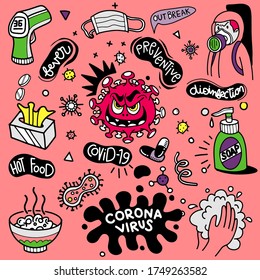 Vector illustration of Doodle cute for covid-19 , Corona Virus Doodle Element for Infographic Design