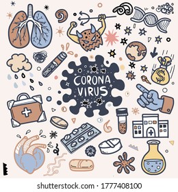 Ilustración vectorial de doodle lindo para covid-19 , elemento doodle de coronavirus para diseño infográfico
