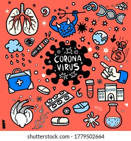 Ilustración vectorial del doodle lindo para covid-19 , elemento doodle del virus de la corona para diseño infográfico