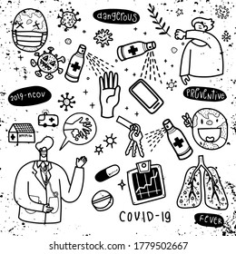 Vector illustration of doodle cute for covid-19 , corona virus doodle element for infographic design