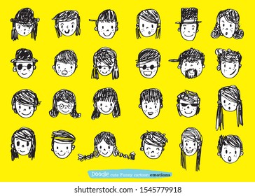 Vector illustration of Doodle cute Funny cartoon emoticon,set of cute vector faces, different emotions