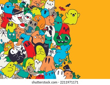 Ilustración vectorial de Doodle lindo Fantasmas con fondo de espacio de copia, dibujo manual Doodle