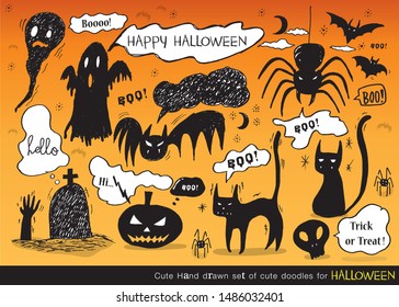 Vector illustration of Doodle cute for halloween, Hand drawn set of cute doodles for decoration,Funny Doodle Hand Drawn,Doodle set of objects from a child's life, speech bubbles with dialog words