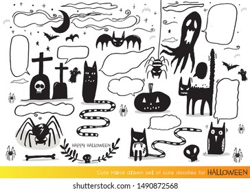 Vector illustration of Doodle cute for halloween, Hand drawn set of cute doodles for decoration,Funny Doodle Hand Drawn,Doodle set of objects from a child's life,speech bubbles with dialog words