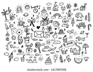 Vector illustration of Doodle cute for kid, Hand drawn set of cute doodles for decoration,Funny Doodle Hand Drawn,Summer, Doodle set of objects from a child's life
