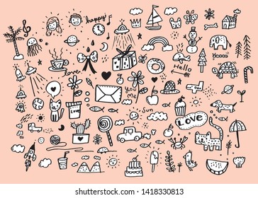 Vector illustration of Doodle cute for kid, Hand drawn set of cute doodles for decoration,Funny Doodle Hand Drawn,Summer, Doodle set of objects from a child's life