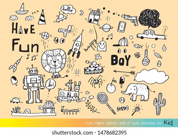 Vector illustration of Doodle cute for kid, Hand drawn set of cute doodles for decoration,Funny Doodle Hand Drawn,Summer, Doodle set of objects from a child's life