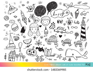 Vector illustration of Doodle cute for kid, Hand drawn set of cute doodles for decoration,Funny Doodle Hand Drawn,Summer, Doodle set of objects from a child's life