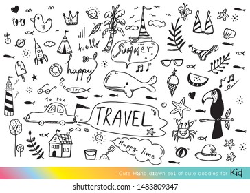 Vector illustration of Doodle cute for kid, Hand drawn set of cute doodles for decoration,Funny Doodle Hand Drawn,Summer, Doodle set of objects from a child's life