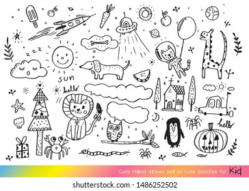 Vector illustration of Doodle cute for kid, Hand drawn set of cute doodles for decoration,Funny Doodle Hand Drawn,Summer, Doodle set of objects from a child's life