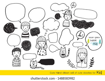 Vector illustration of Doodle cute for kid, Hand drawn set of cute doodles for decoration,Hand drawn set of speech bubbles with dialog words, Doodle set of objects from a child's life