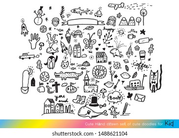 Vector illustration of Doodle cute for kid, Hand drawn set of cute doodles for decoration,Hand drawn set of speech bubbles with dialog words, Doodle set of objects from a child's life