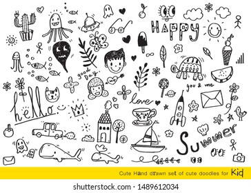 Vector illustration of Doodle cute for kid, Hand drawn set of cute doodles for decoration,Hand drawn set of speech bubbles with dialog words, Doodle set of objects from a child's life