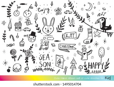 Vector illustration of Doodle cute for kid, Hand drawn set of cute doodles for decoration,Funny Doodle Hand Drawn,Summer, Doodle set of objects from a child's life,Merry Christmas 