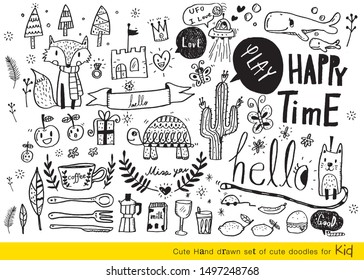 Vector illustration of Doodle cute for kid. Hand drawn set of cute doodles for decoration. Funny Doodle Hand Drawn. Summer,Doodle set of objects from a child's life