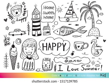 Vector illustration of Doodle cute for kid, Hand drawn set of cute doodles for decoration,Hand drawn set of speech bubbles with dialog words, Doodle set of objects from a child's life