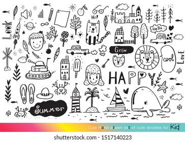 Vector illustration of Doodle cute for kid, Hand drawn set of cute doodles for decoration,Hand drawn set of speech bubbles with dialog words, Doodle set of objects from a child's life