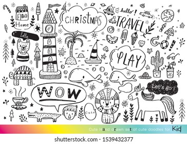 Vector illustration of Doodle cute for kid, Hand drawn set of cute doodles for decoration,Funny Doodle Hand Drawn, Summer, Doodle set of objects from a child's life