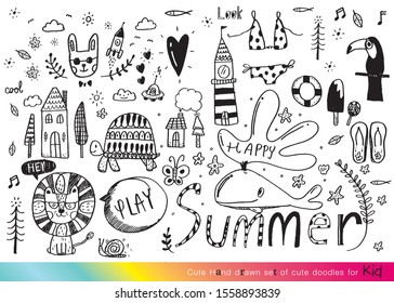 Vector illustration of Doodle cute for kid, Hand drawn set of cute doodles for decoration,Funny Doodle Hand Drawn, Summer, Doodle set of objects from a child's life