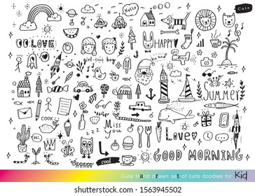 Vector illustration of Doodle cute for kid, Hand drawn set of cute doodles for decoration,Funny Doodle Hand Drawn, Summer, Doodle set of objects from a child's life