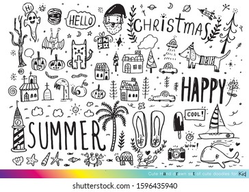 Vector illustration of Doodle cute for kid, Hand drawn set of cute doodles for decoration,Funny Doodle Hand Drawn, Summer, Doodle set of objects from a child's life