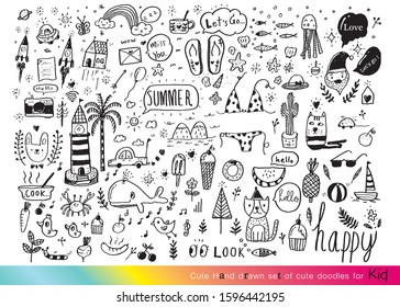 Vector illustration of Doodle cute for kid, Hand drawn set of cute doodles for decoration,Funny Doodle Hand Drawn, Summer, Doodle set of objects from a child's life