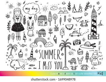 Vector illustration of Doodle cute for kid, Hand drawn set of cute doodles for decoration,Funny Doodle Hand Drawn, Summer, Doodle set of objects from a child's life


