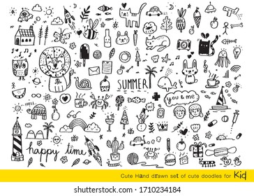 Vector illustration of Doodle cute for kid, Hand drawn set of cute doodles for decoration,Funny Doodle Hand Drawn, Summer, Doodle set of objects from a child's life

