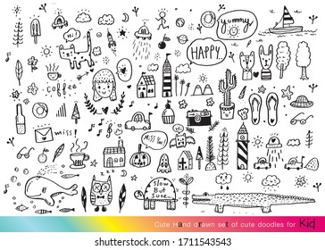 Dibujo vectorial de Doodle tierno para niños, Dibujo manual de doodles bonitos para la decoración, Dibujo divertido de la mano de Doodle, Verano, Conjunto de objetos de la vida de un niño

