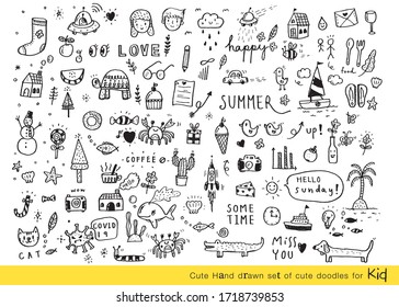 Vector illustration of Doodle cute for kid, Hand drawn set of cute doodles for decoration,Funny Doodle Hand Drawn, Summer, Doodle set of objects from a child's life