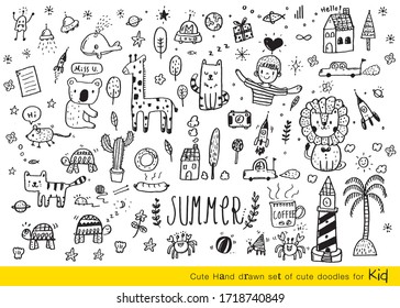 Vector Illustration Of Doodle Cute For Kid, Hand Drawn Set Of Cute Doodles For Decoration,Funny Doodle Hand Drawn, Summer, Doodle Set Of Objects From A Child's Life